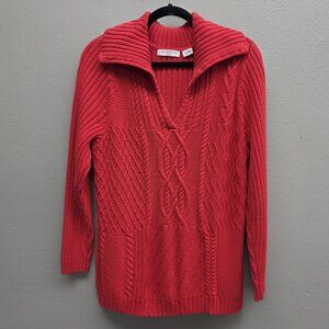 Liz Claiborne Sweater Womens 1X Red Knit Pullover Cable Collar Cotton Blend
